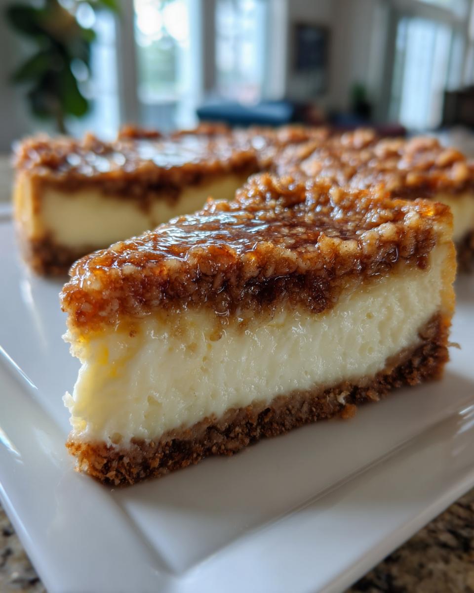 A close-up of a slice of Apple Crisp Cheesecake on a white plate, showcasing the creamy filling and crisp topping.