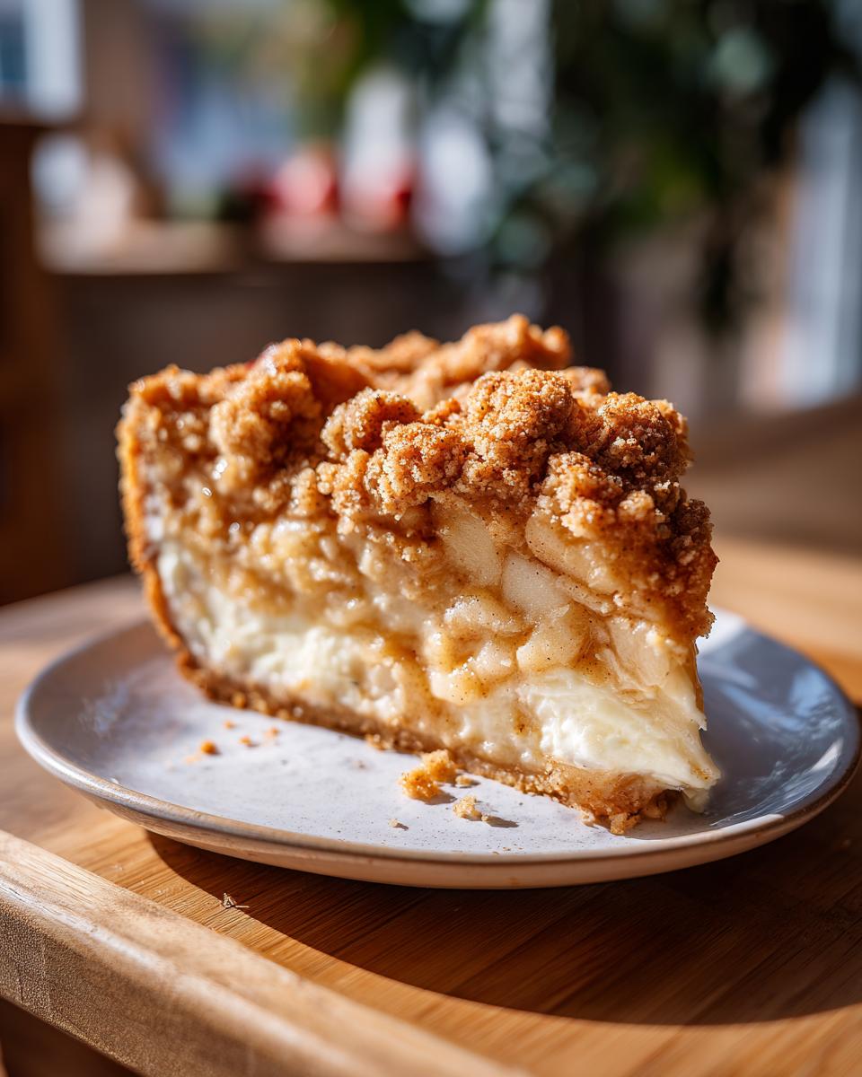 A close-up of a slice of Apple Crisp Cheesecake on a white plate, showcasing layers of creamy cheesecake and spiced apples with a crumbly topping.