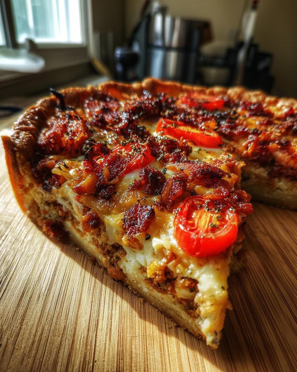 A close-up slice of Bacon Onion Tomato Pie, showcasing crispy bacon, melted cheese, and cherry tomatoes on a golden crust.