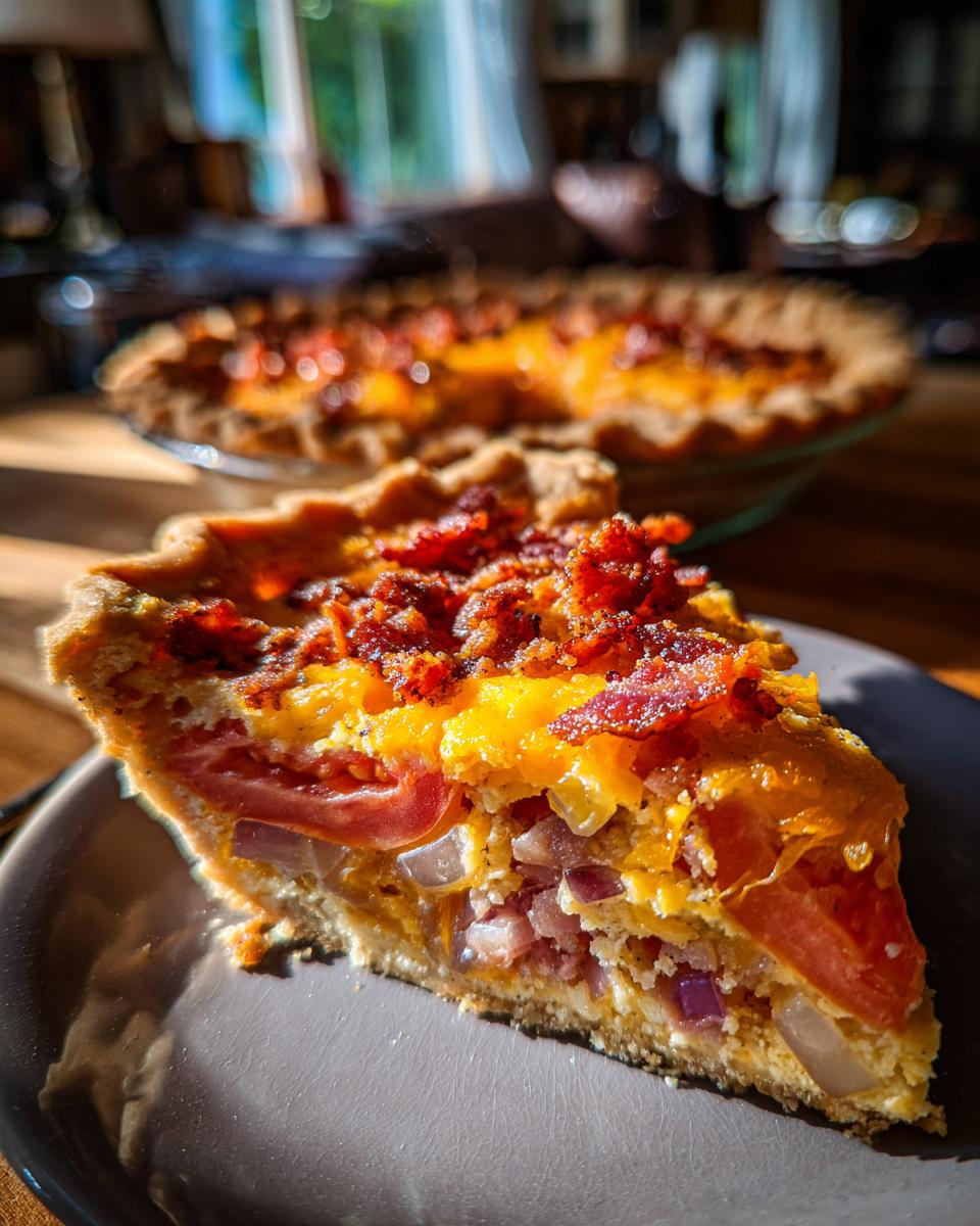 A close-up of a slice of Bacon Onion Tomato Pie on a gray plate, showing layers of tomato, onion, cheese, and bacon.