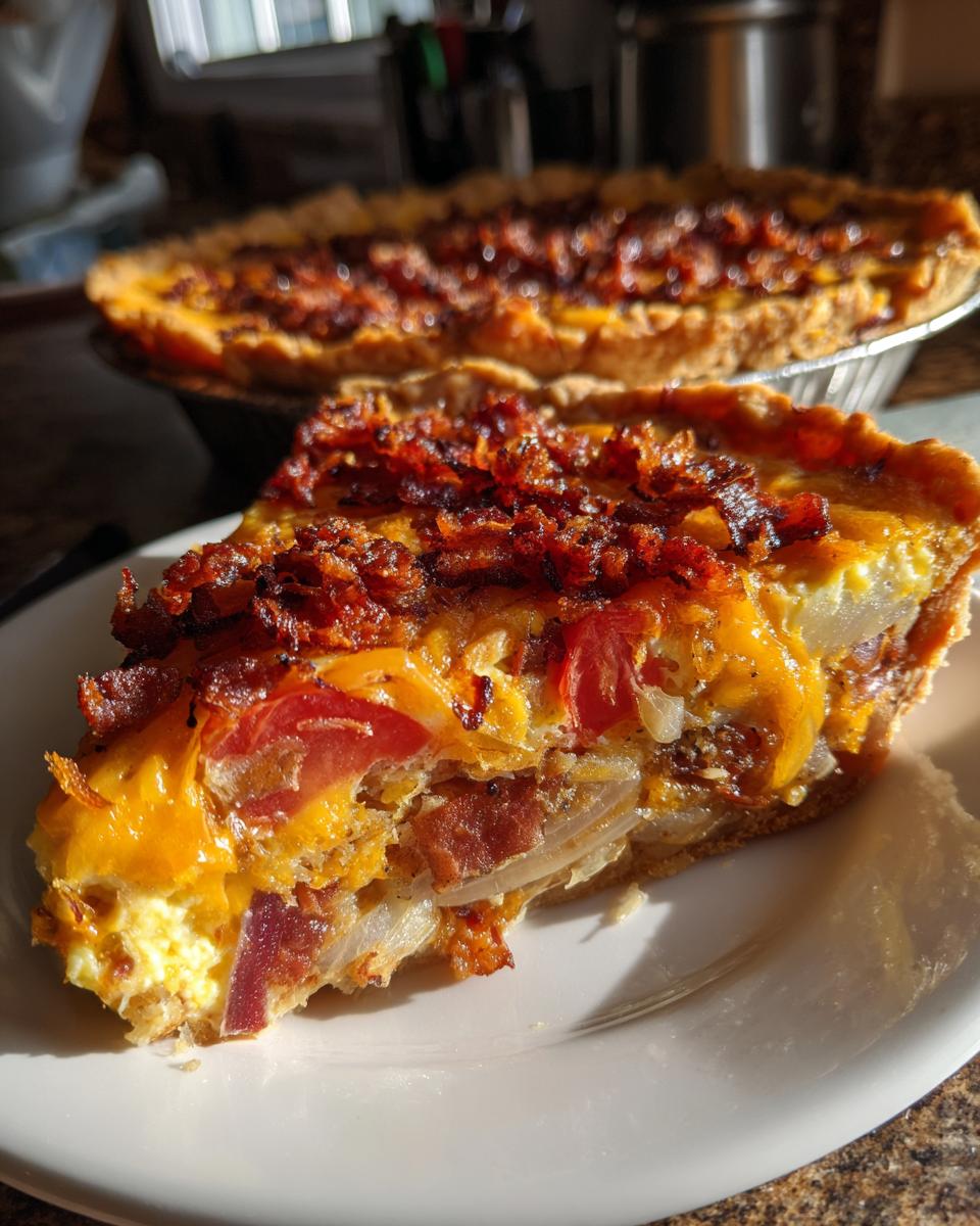 A slice of delicious Bacon Onion Tomato Pie on a white plate, showcasing layers of bacon, onions, tomatoes, and cheese.