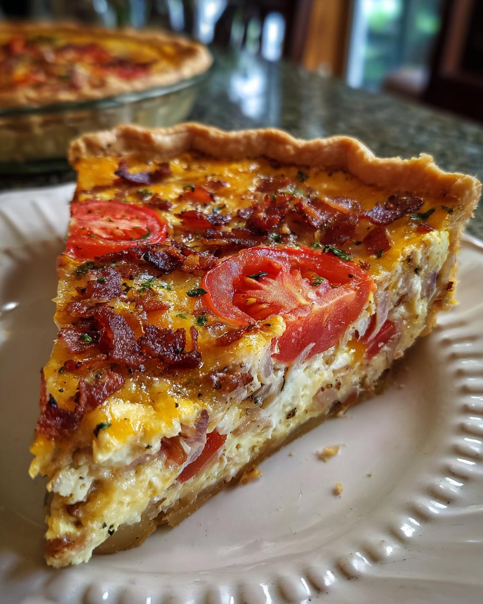 A close-up of a slice of Bacon Onion Tomato Pie, showing layers of bacon, tomato, and creamy filling.