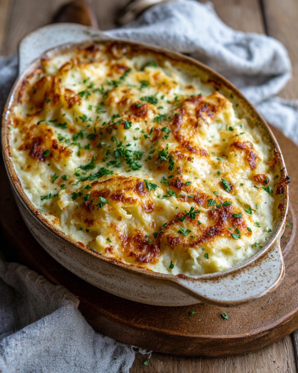 Close-up of a golden-brown baked potato casserole topped with melted cheese and fresh parsley.