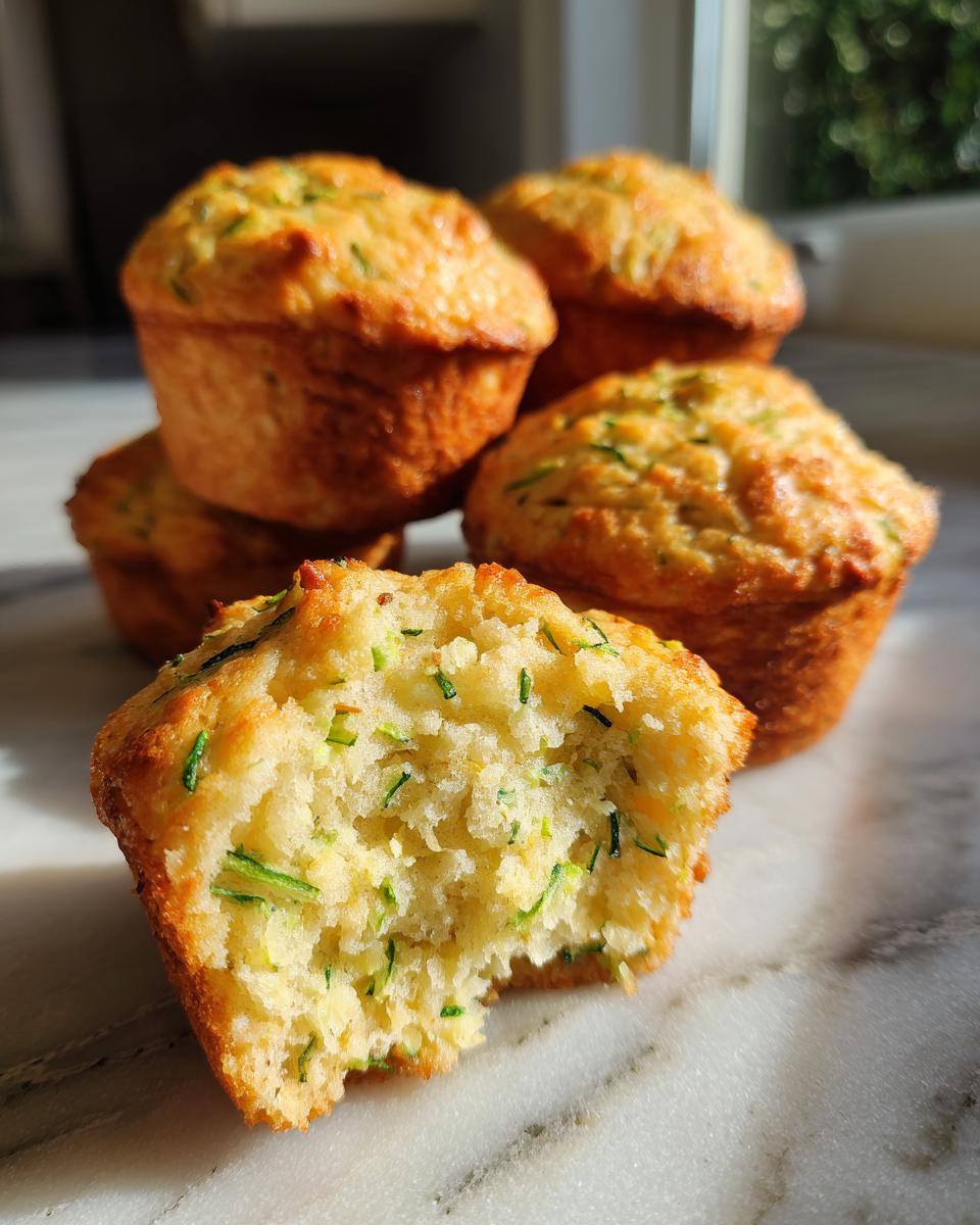 A close-up of a bite taken out of a moist Best Ever Zucchini Muffin, revealing shredded zucchini inside.
