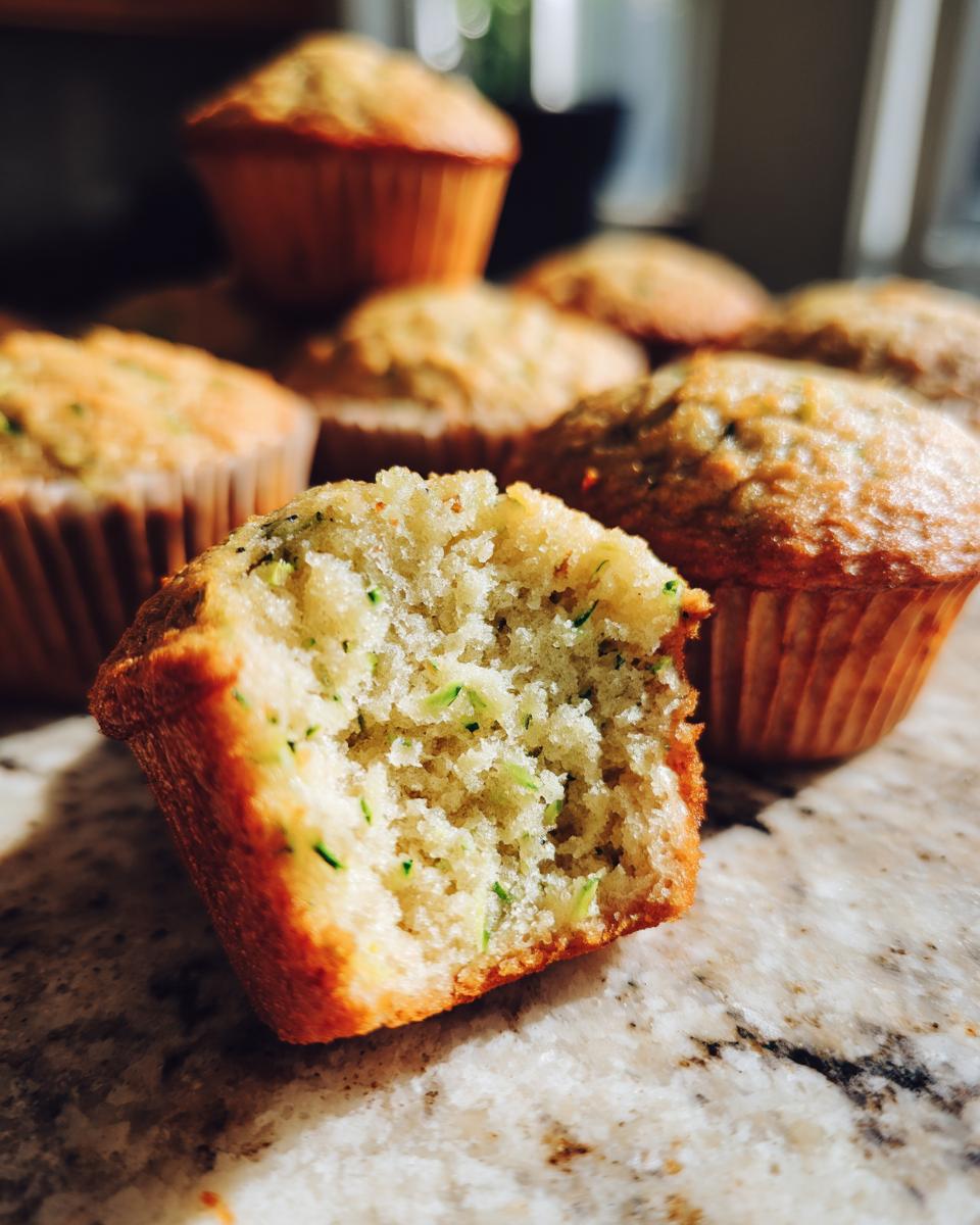 Close-up of a bite taken out of a moist Best Ever Zucchini Muffin, showing shredded zucchini inside.