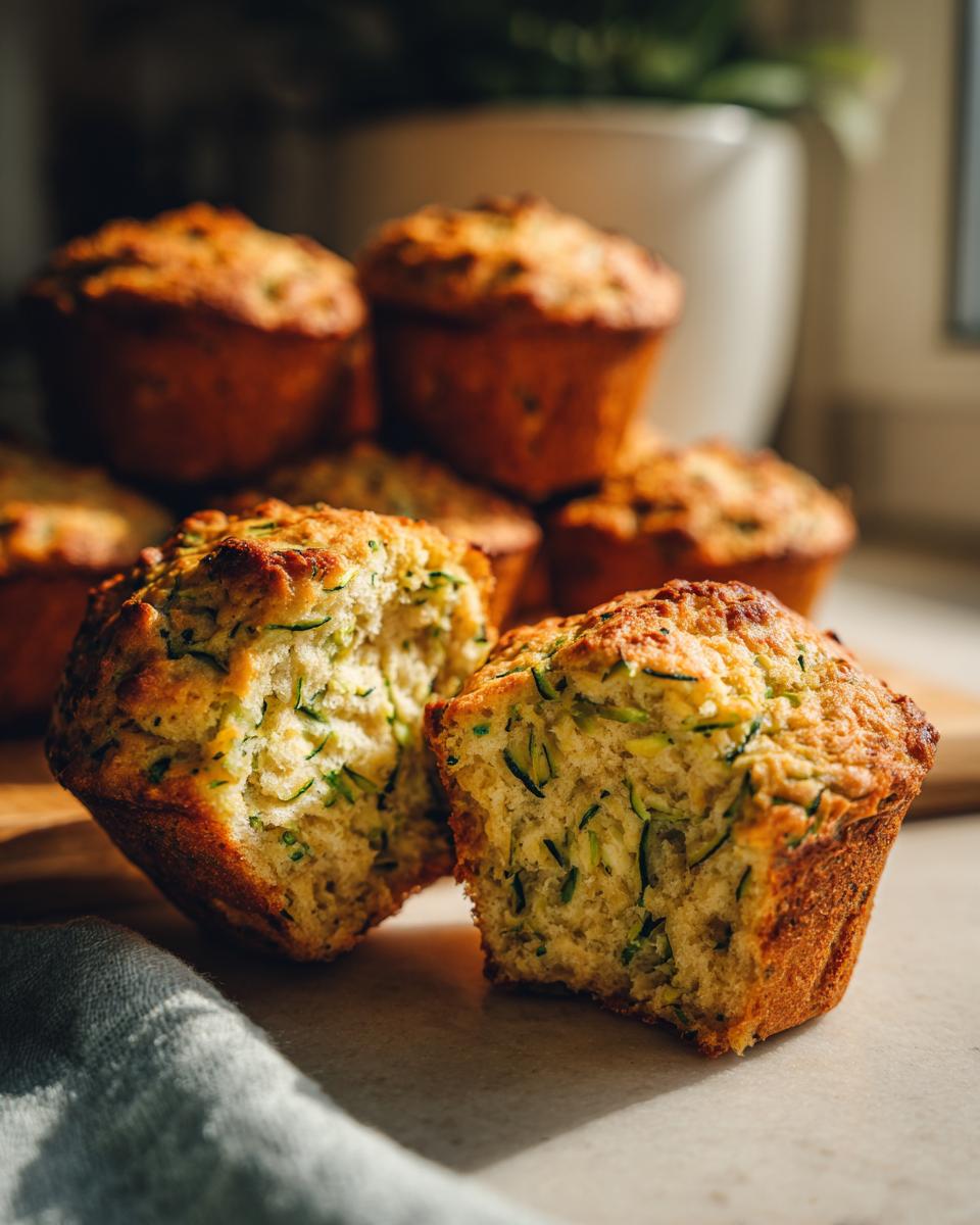 Close-up of Best Ever Zucchini Muffins, one broken in half to show the moist interior with shredded zucchini.