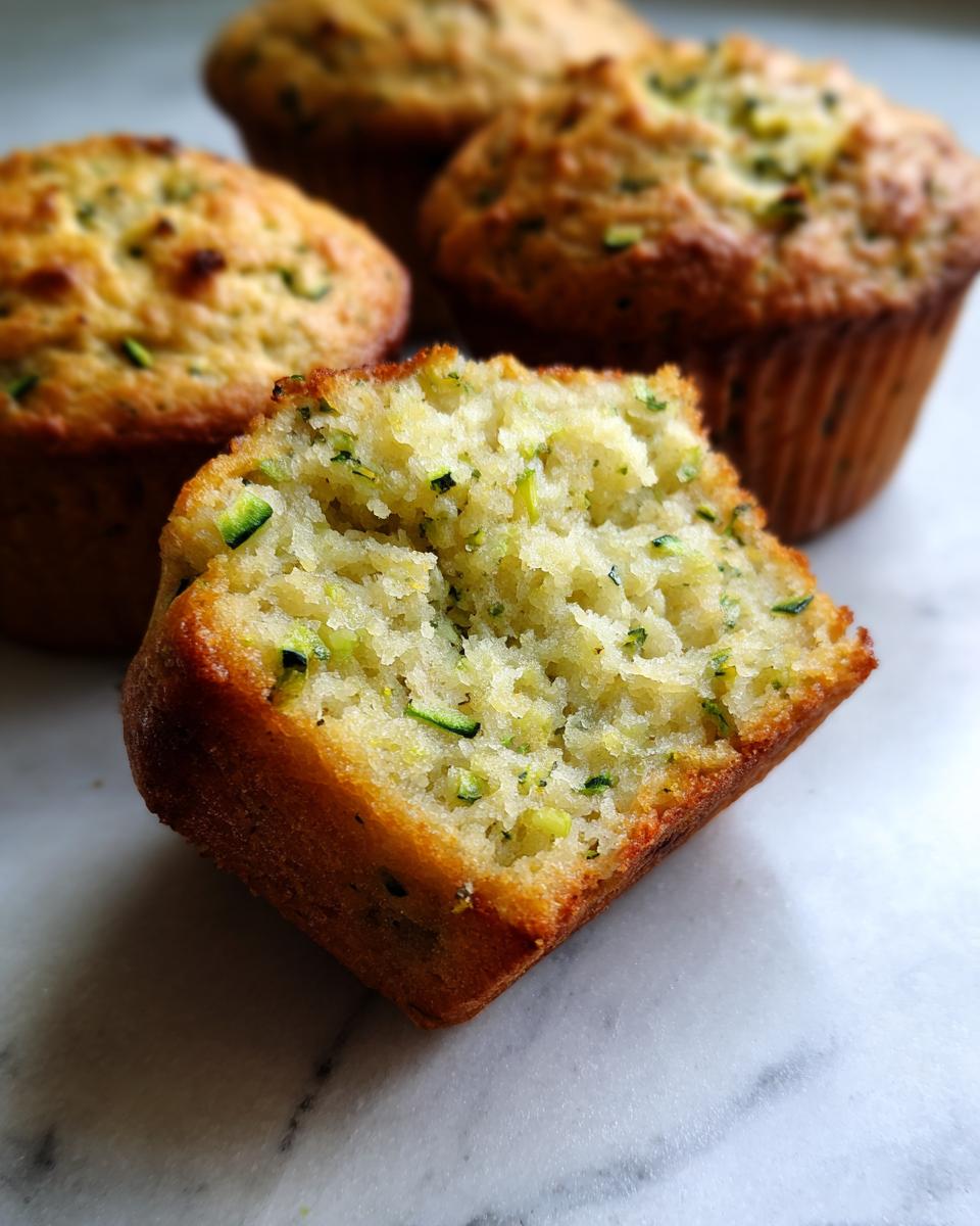 Close-up of a Best Ever Zucchini Muffin cut in half, revealing its moist interior with visible zucchini shreds.