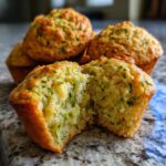 Close-up of the Best Ever Zucchini Muffins, one split open revealing a moist interior with visible zucchini shreds.