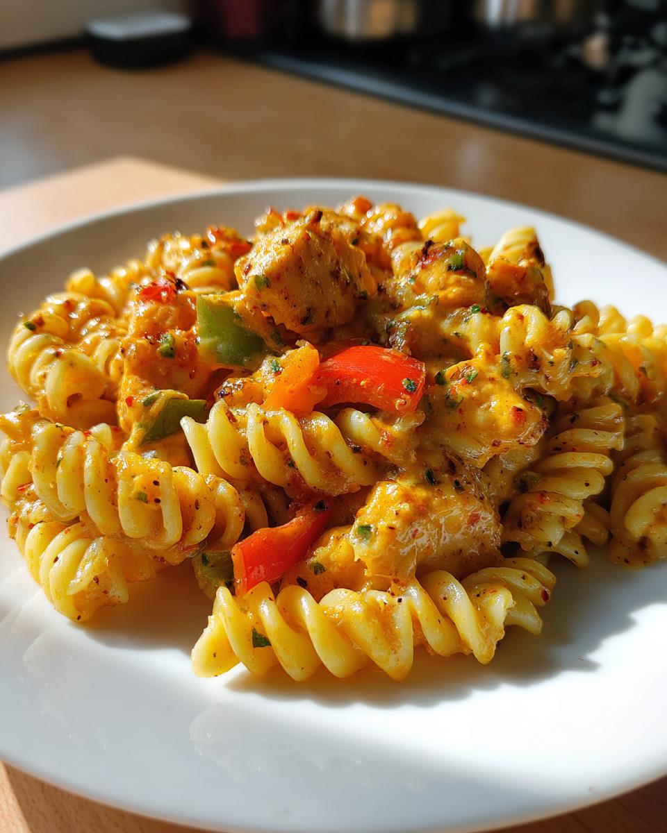 A close-up of Cheesy Cajun Chicken Rotini Skillet served on a white plate, featuring rotini pasta, chicken pieces, and colorful bell peppers in a creamy sauce.