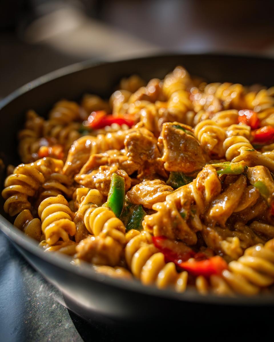 Close-up of Cheesy Cajun Chicken Rotini Skillet in a pan, featuring rotini pasta, chicken pieces, and colorful bell peppers in a creamy sauce.