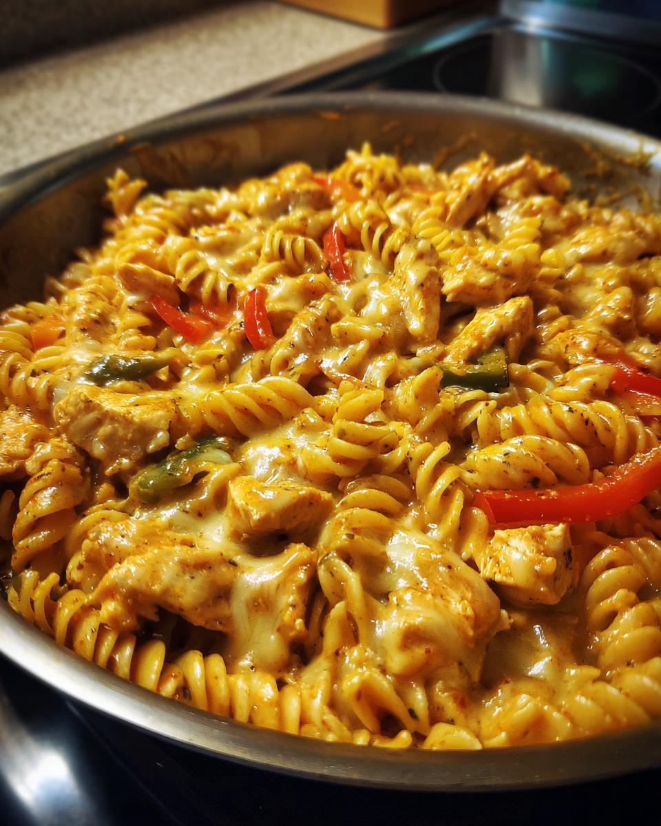 Close-up of a Cheesy Cajun Chicken Rotini Skillet, featuring rotini pasta, chicken pieces, and melted cheese.