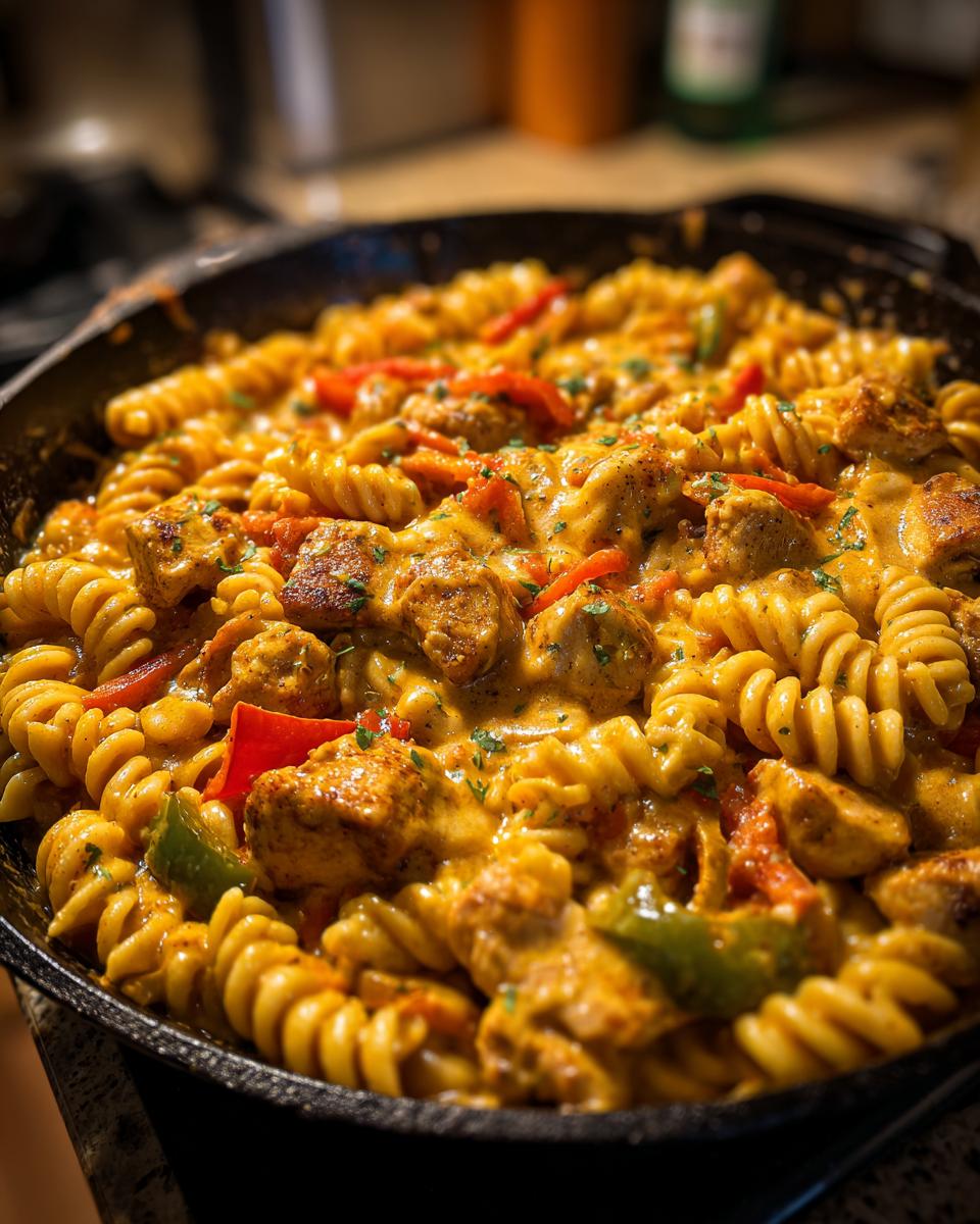 Close-up of a Cheesy Cajun Chicken Rotini Skillet with pasta, chicken, and bell peppers in a creamy sauce.