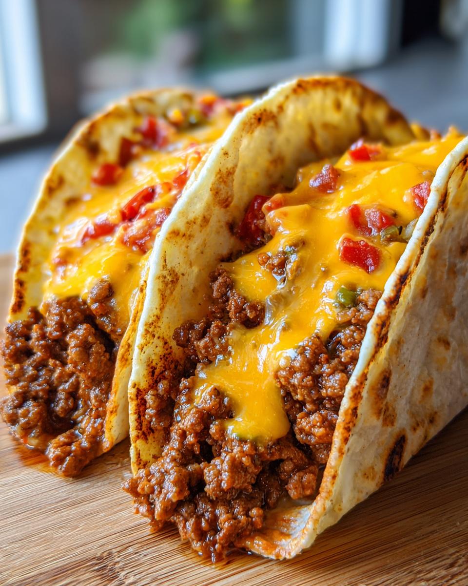 Two Cheesy Rotel Beef Tacos filled with seasoned ground beef and melted cheddar cheese, served on a wooden board.