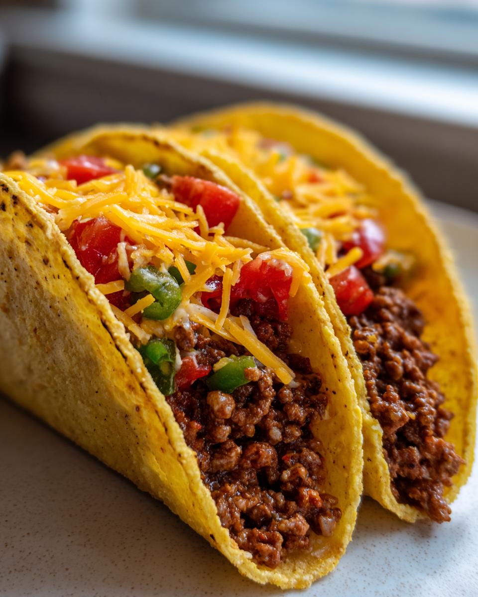 Close-up of two Cheesy Rotel Beef Tacos filled with seasoned ground beef, tomatoes, jalapeños, and shredded cheese.