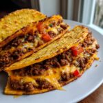 Close-up of delicious Cheesy Rotel Beef Tacos overflowing with seasoned ground beef and melted cheese.