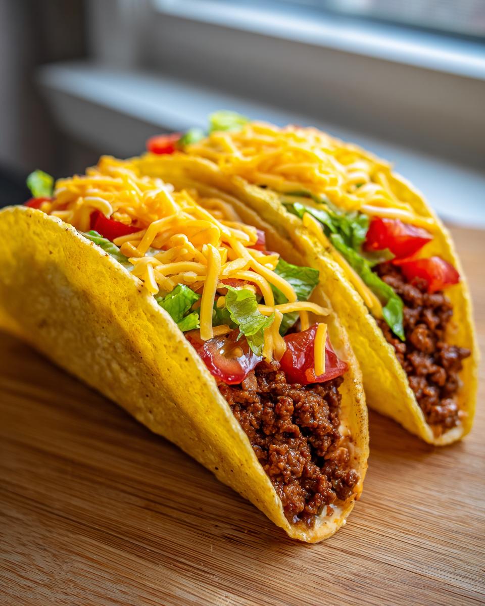 Two delicious Cheesy Rotel Beef Tacos filled with seasoned ground beef, shredded lettuce, diced tomatoes, and cheese.