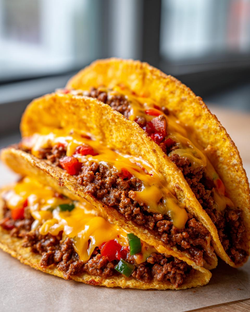 Close-up of three Cheesy Rotel Beef Tacos, filled with seasoned ground beef, melted cheese, and diced tomatoes and peppers.