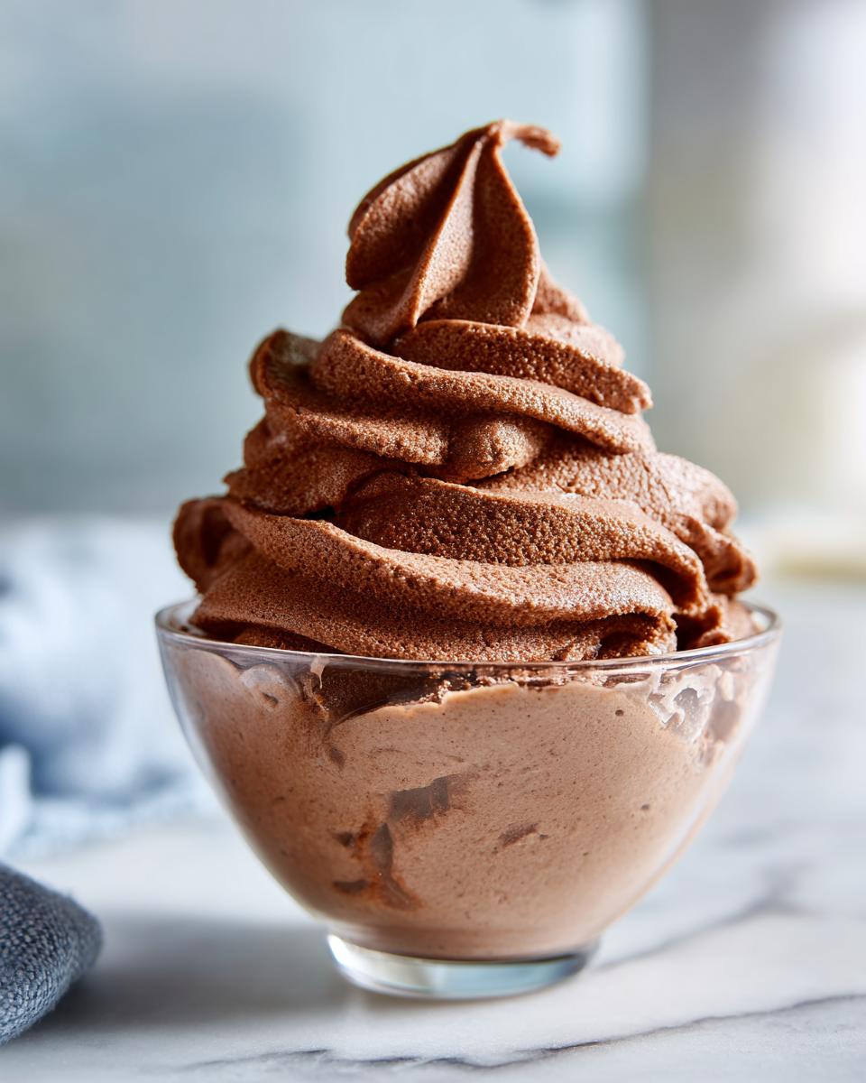 A swirl of rich chocolate soft serve made from frozen bananas in a glass bowl.