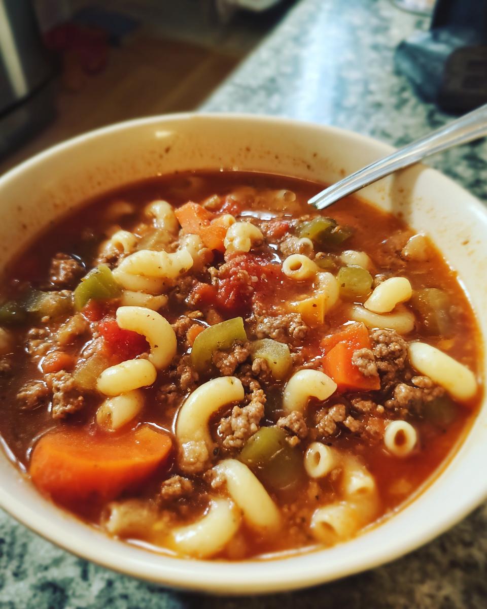 A close-up of a bowl of comforting hamburger soup with macaroni, carrots, and green peppers.