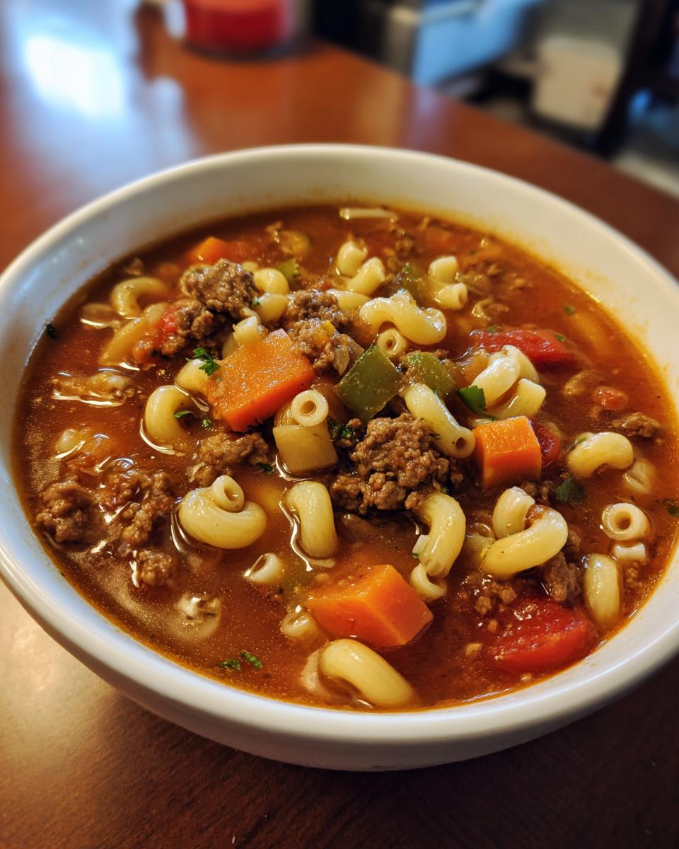 A close-up shot of a bowl of comforting hamburger soup with macaroni, carrots, and tomatoes.