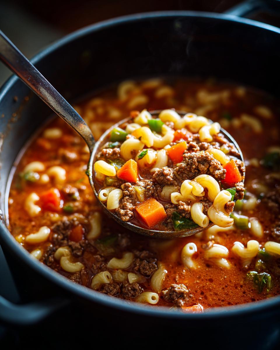 A ladle full of comforting hamburger soup with macaroni, carrots, and green peppers, steaming hot.