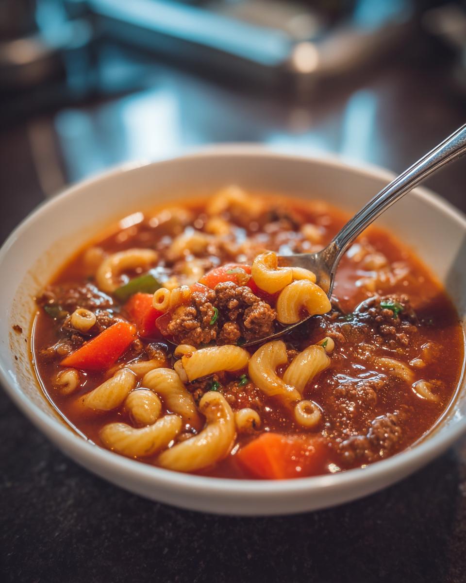 A spoonful of comforting hamburger soup with macaroni, showing ground beef, elbow pasta, and diced carrots.