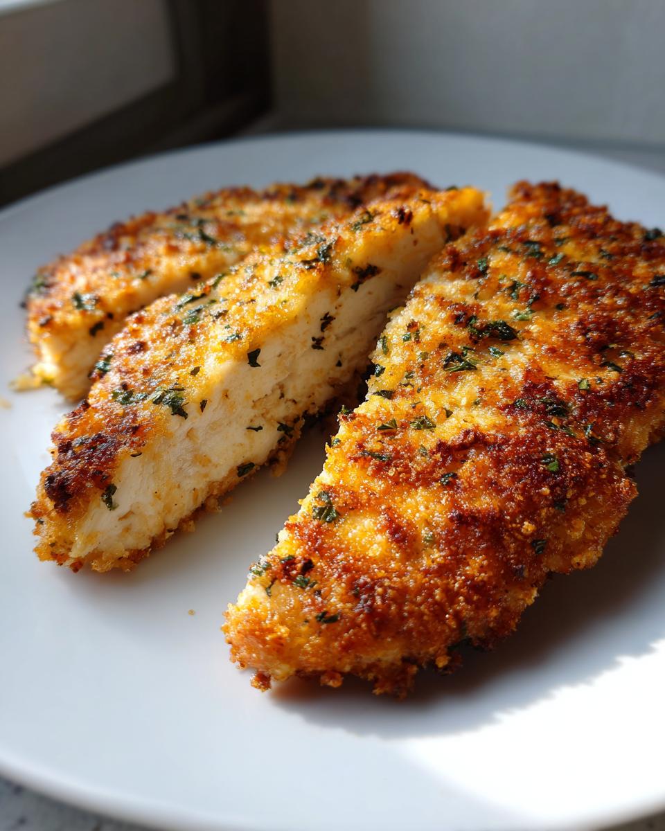 Close-up of Irresistible Copycat Longhorn Parmesan Crusted Chicken pieces on a white plate, showing golden-brown crust and herbs.