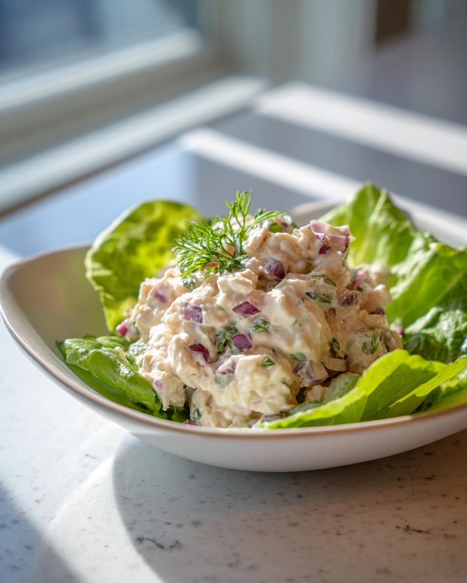 A close-up of Costco Chicken Salad served in a white bowl with lettuce and garnished with fresh dill.