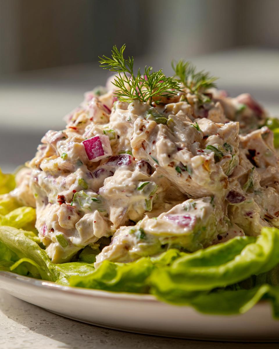 Close-up of a creamy Costco chicken salad with red onion, celery, and dill garnish, served on lettuce.