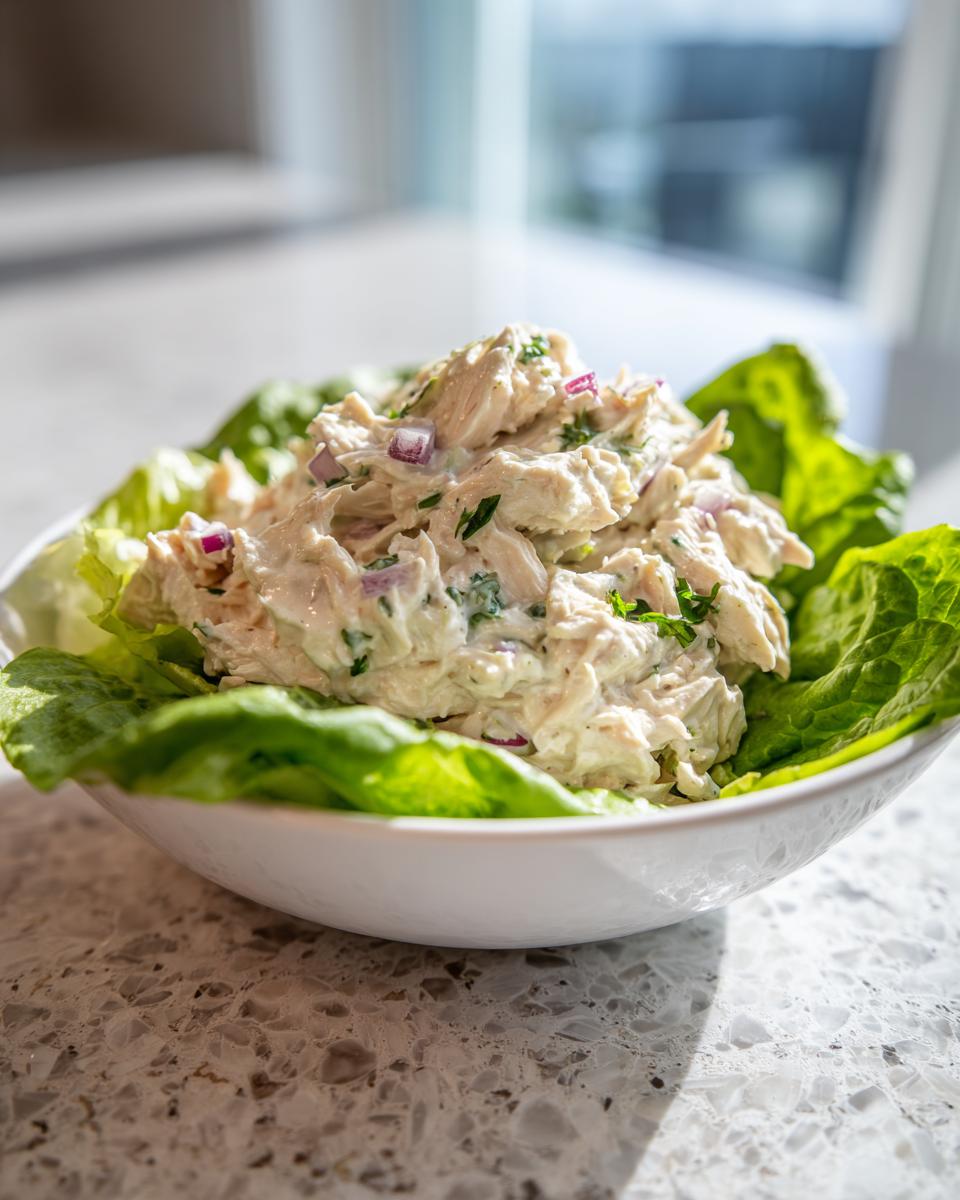A bowl of creamy Costco chicken salad mixed with red onion and herbs, served on a bed of crisp lettuce.