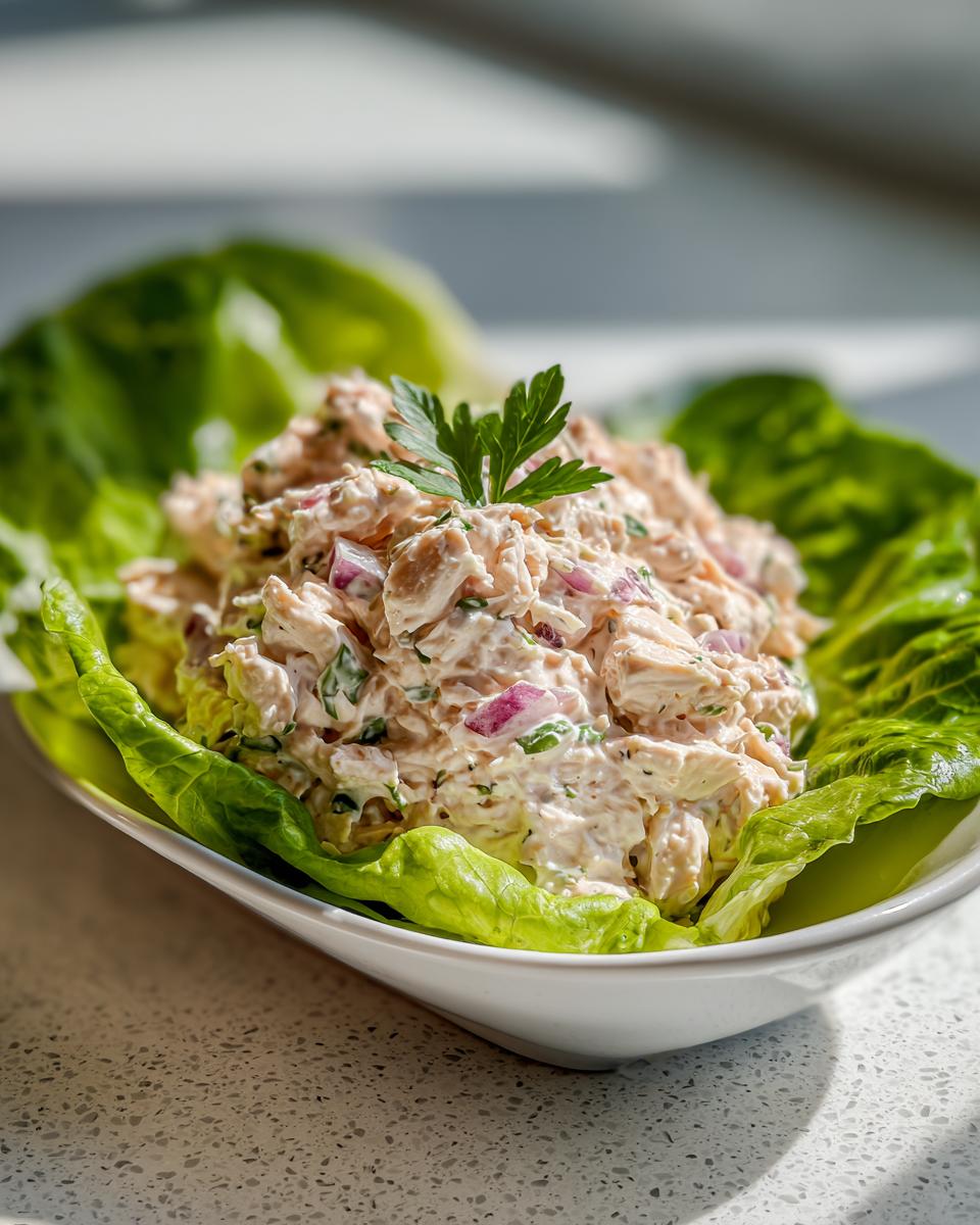 A close-up of creamy Costco Chicken Salad served in a crisp lettuce cup, garnished with parsley.