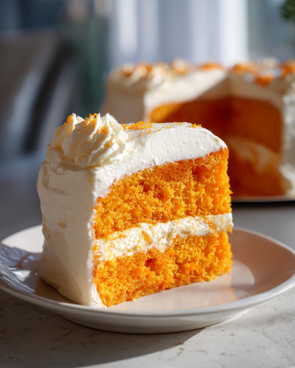 A slice of vibrant orange Creamsicle Cake with white frosting and orange zest.