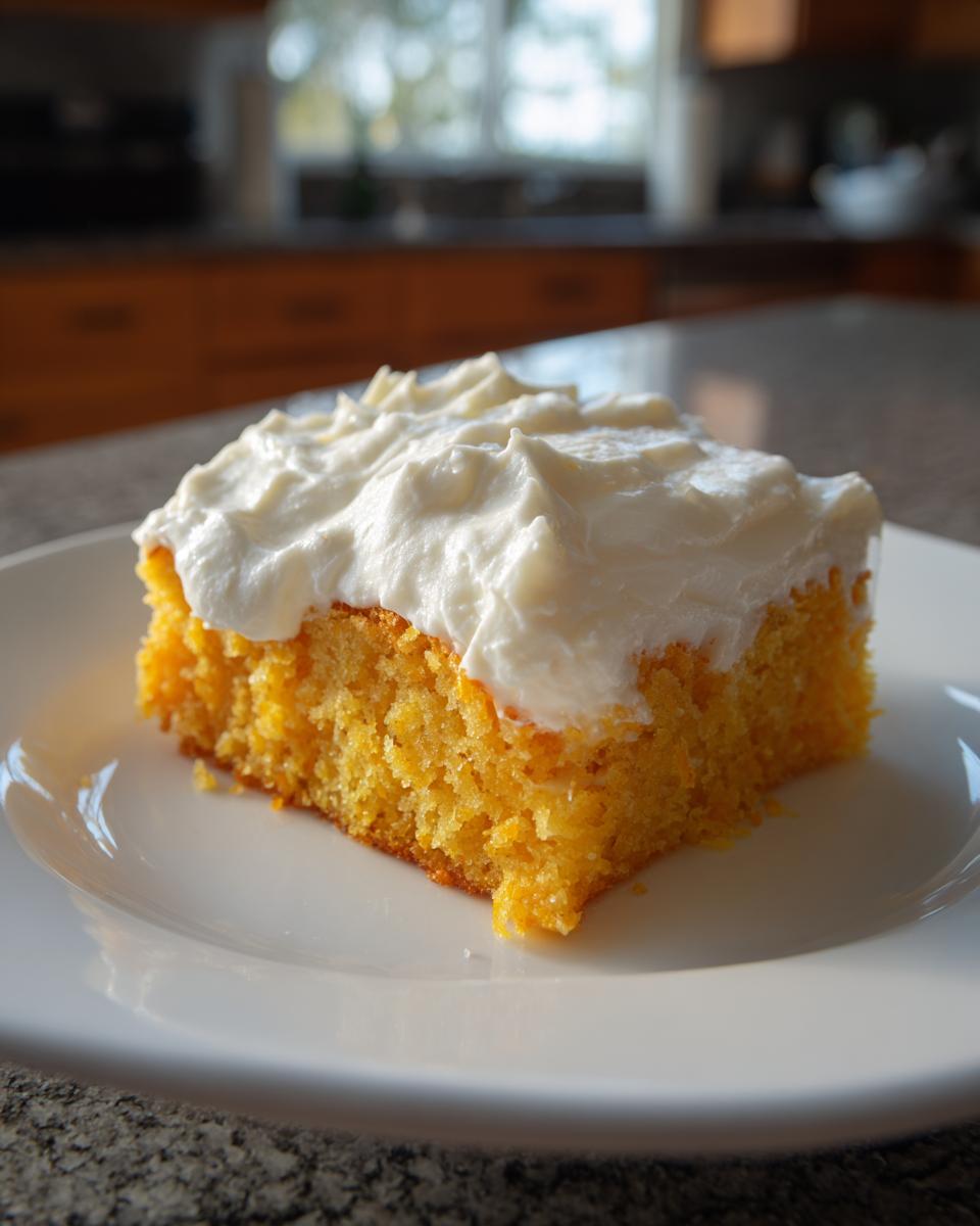 A slice of moist, orange-hued Creamsicle Cake topped with fluffy white frosting, served on a white plate.