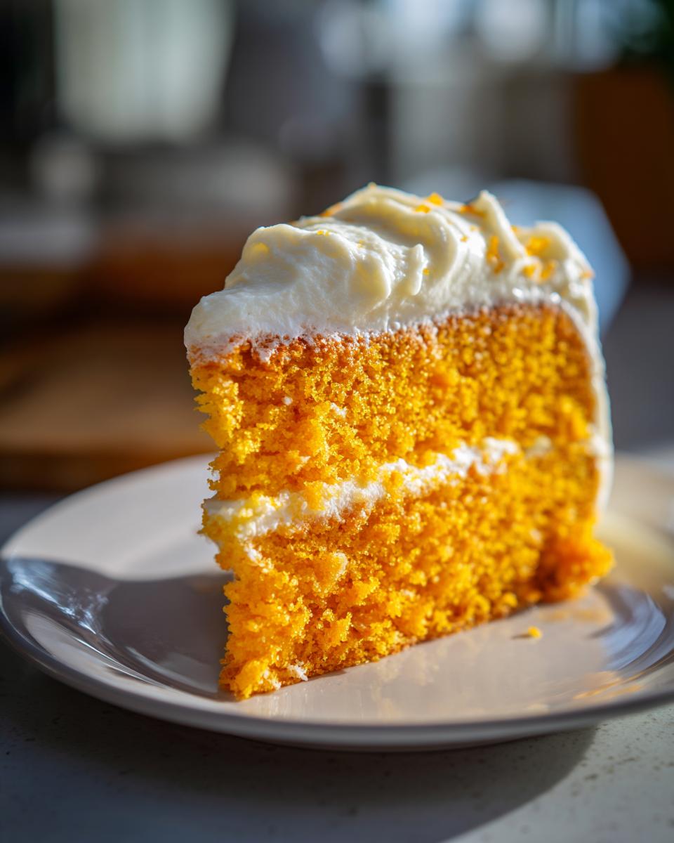 A slice of vibrant orange Creamsicle Cake with fluffy white frosting and orange zest.