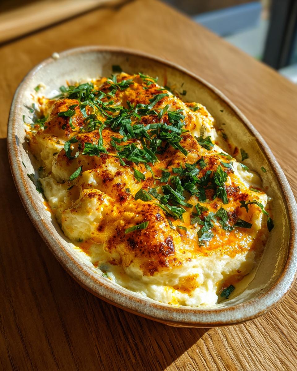 Close-up of creamy mashed potatoes, baked with a golden-brown crust and topped with fresh parsley, one of 10 irresistible potato recipes.