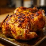 A whole crispy baked chicken, perfectly juicy and flavorful, resting on a baking sheet.