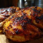 Close-up of perfectly juicy and flavorful crispy baked chicken, with a golden-brown, slightly charred skin.