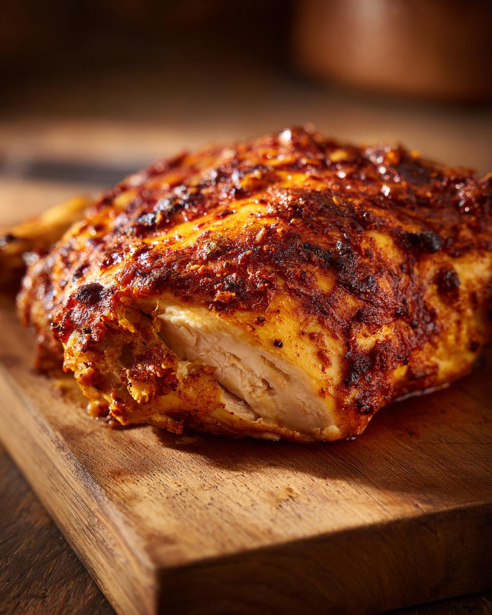 A close-up of a perfectly juicy and crispy baked chicken breast, seasoned with spices, on a wooden cutting board.
