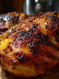 Close-up of perfectly juicy and flavorful crispy baked chicken, with a golden-brown, slightly charred skin.