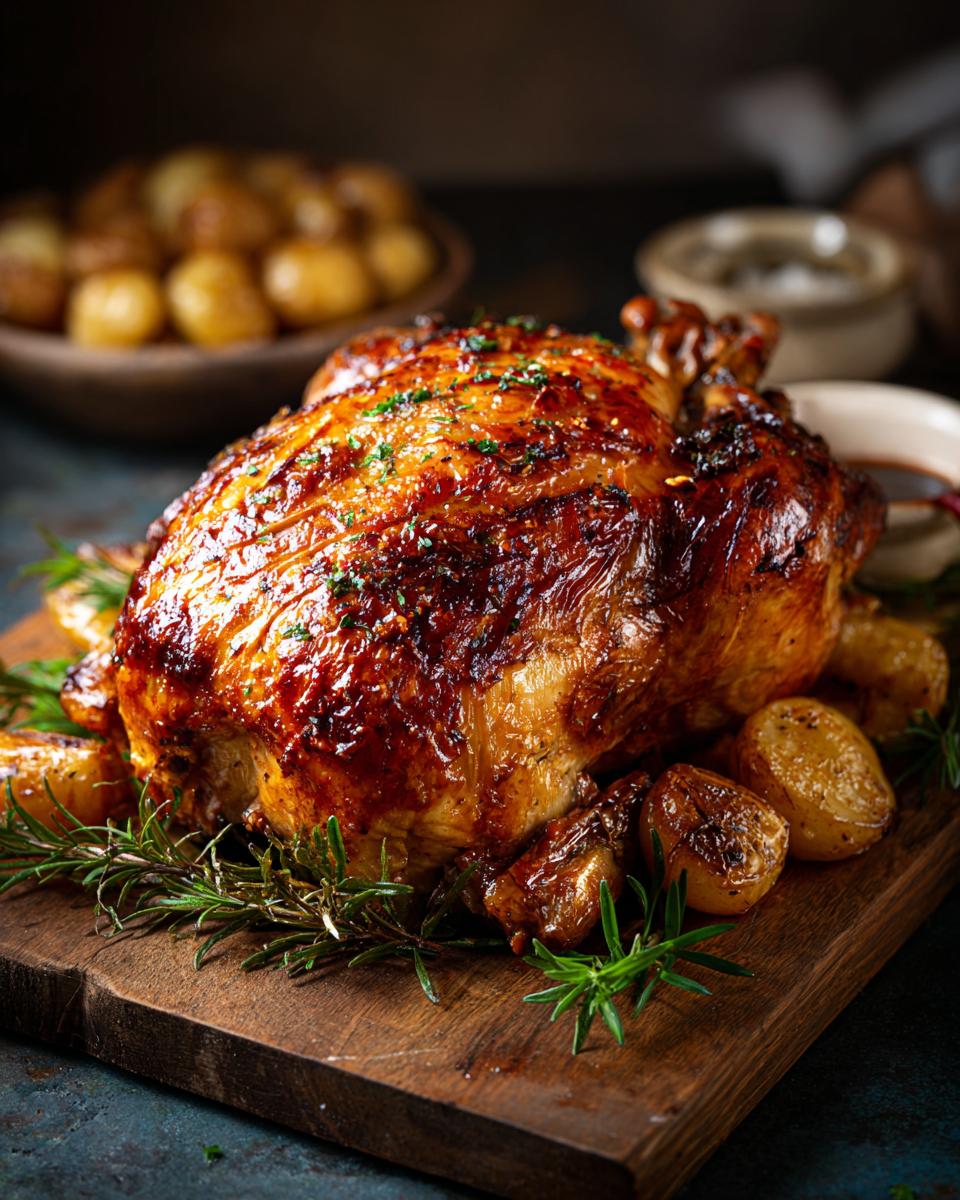 A perfectly juicy and crispy baked chicken, seasoned and roasted with potatoes and rosemary on a wooden board.