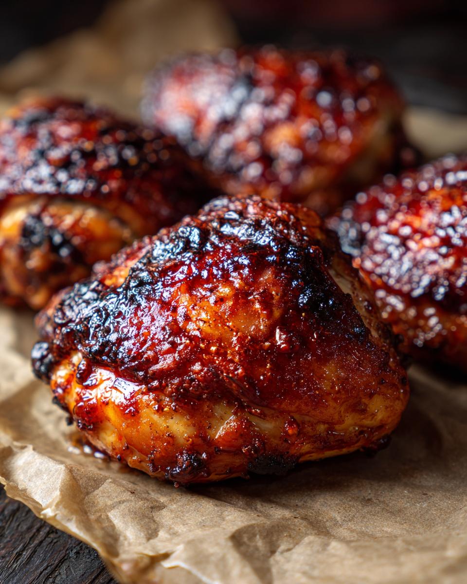 Close-up of perfectly juicy and flavorful crispy baked chicken thighs, glistening with glaze.