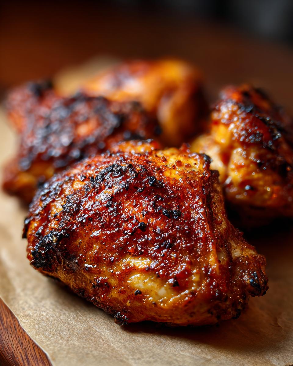 Close-up of perfectly juicy and crispy baked chicken thighs, seasoned with spices and baked to a golden brown.
