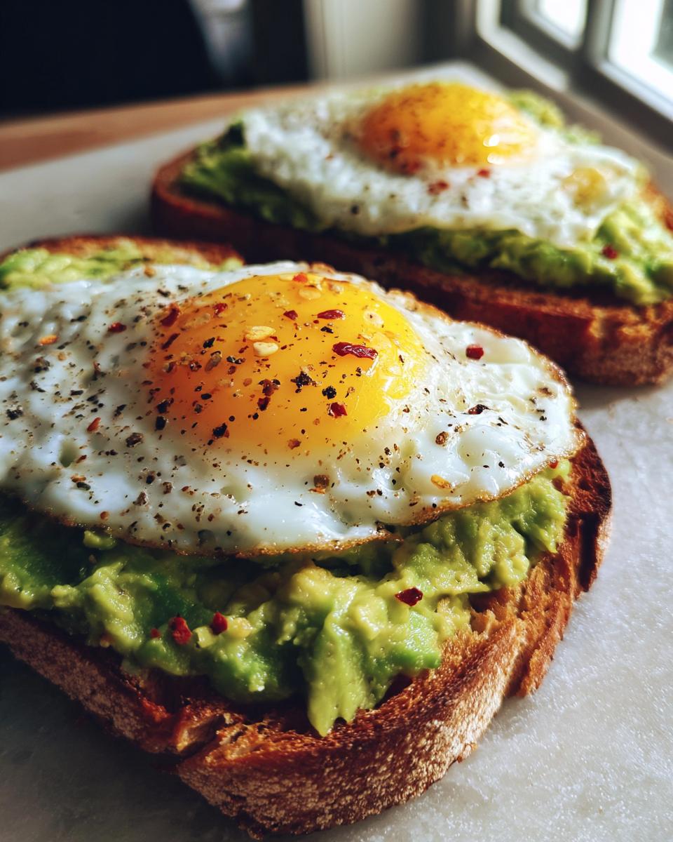 Close-up of delicious avocado toast with a perfectly fried egg and chili flakes.