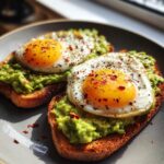 Two slices of delicious avocado toast with egg, topped with pepper flakes and seasoning.