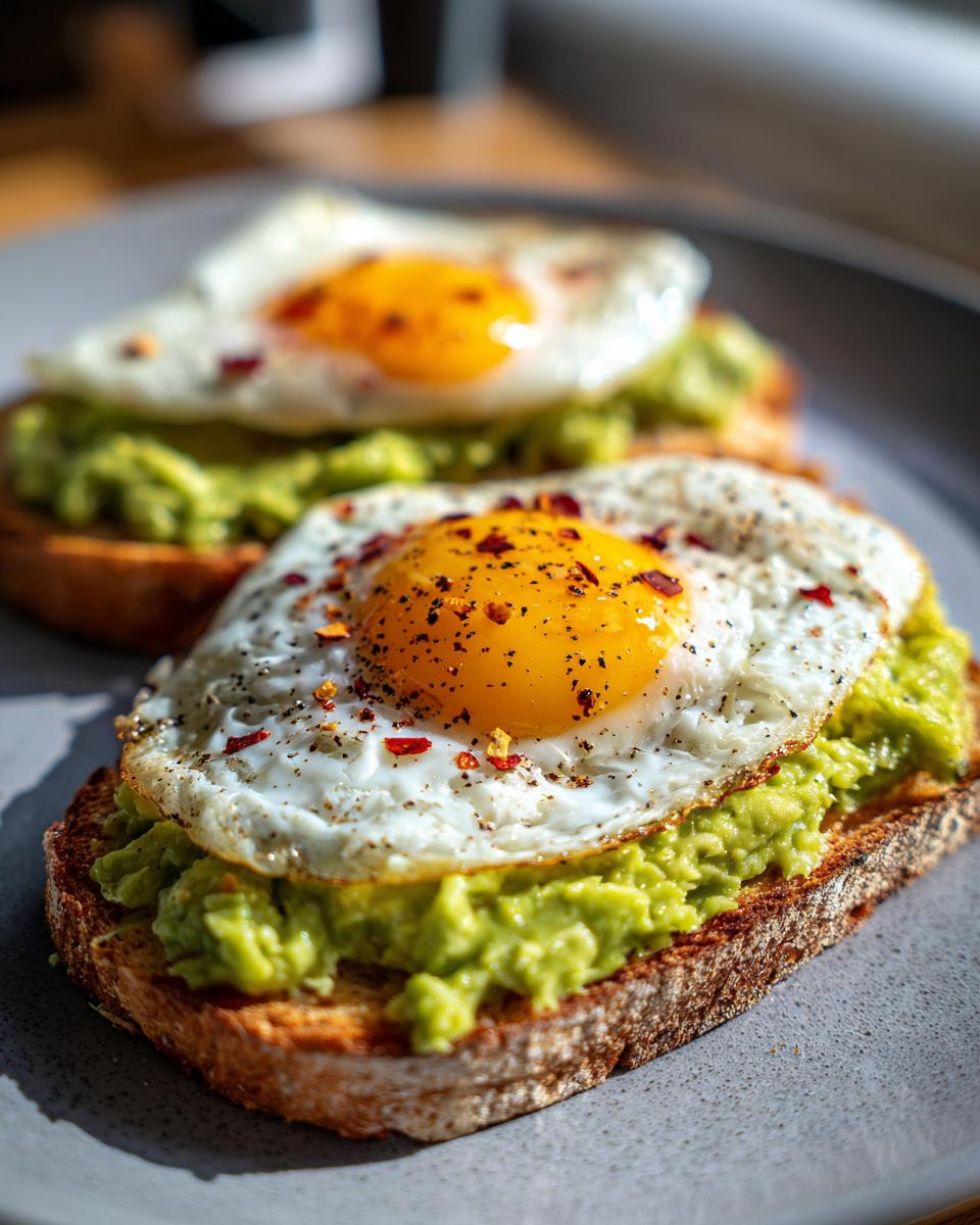 Two slices of delicious avocado toast with egg, topped with chili flakes and black pepper.