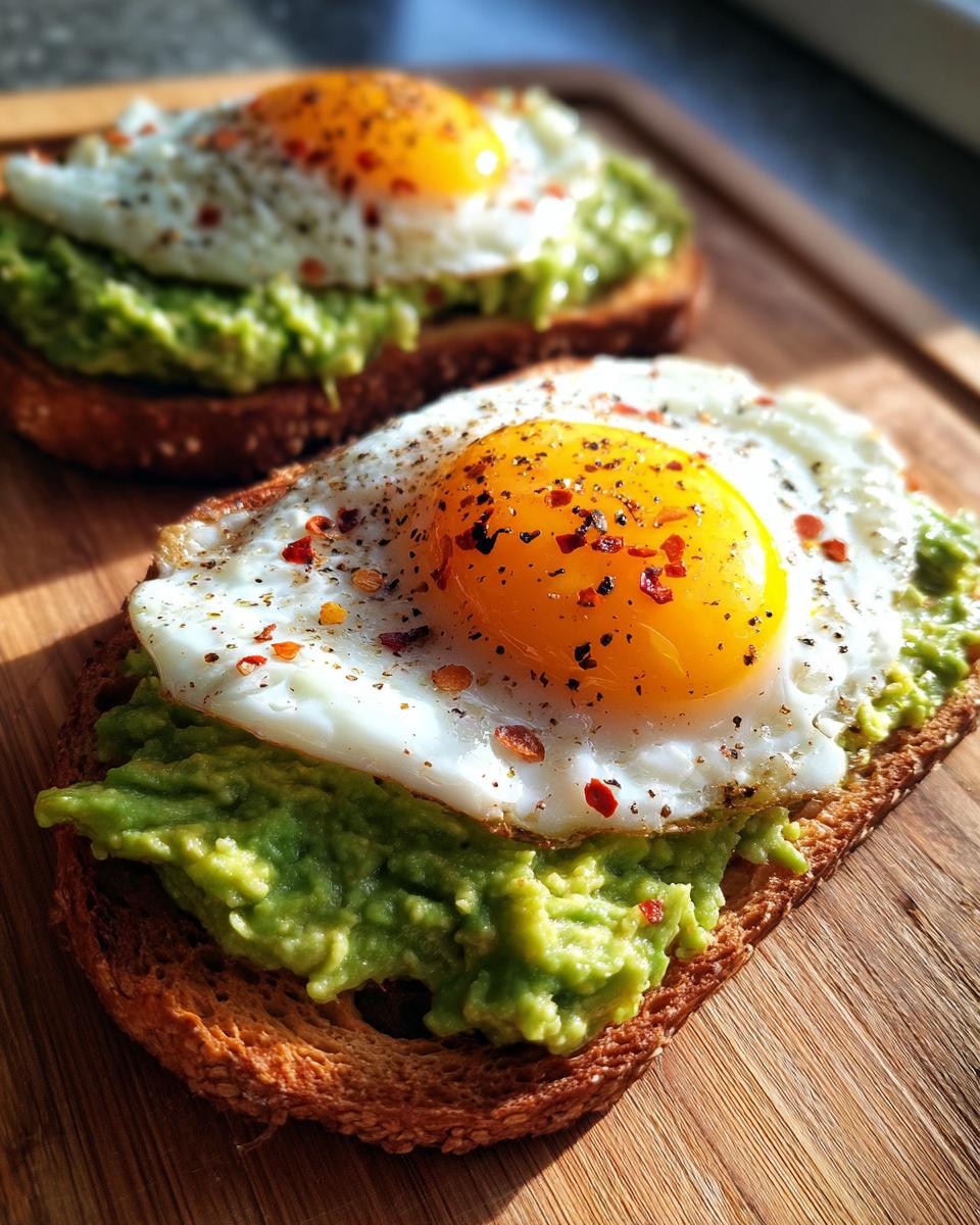 Close-up of delicious avocado toast with egg, topped with red pepper flakes and black pepper.
