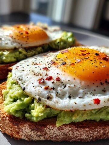 Close-up of two slices of delicious avocado toast with egg, seasoned with chili flakes and black pepper.