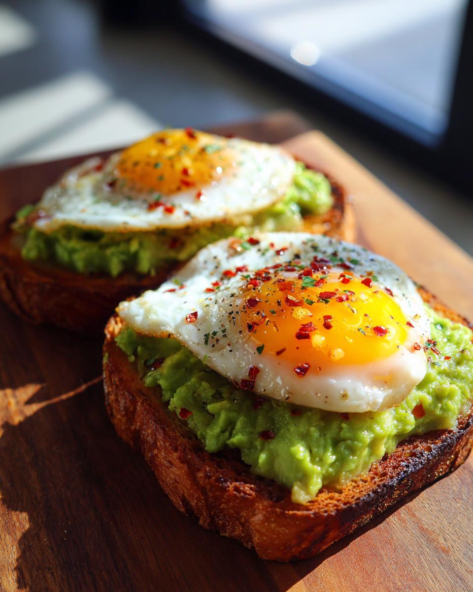 Two slices of delicious avocado toast with egg, topped with chili flakes and parsley.