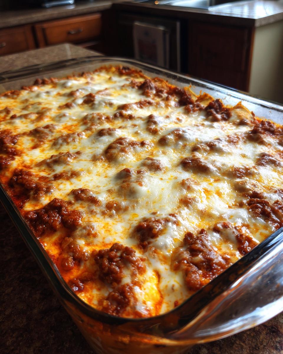 Close-up of a pan of Delicious Easy Ground Beef Enchiladas, bubbling with melted cheese and rich tomato sauce.