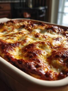 A pan of Delicious Easy Ground Beef Enchiladas, golden brown and bubbling with melted cheese.